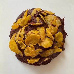 May include: A chocolate cookie topped with crushed corn flakes. The cookie is a dark brown color and the corn flakes are a light yellow color.