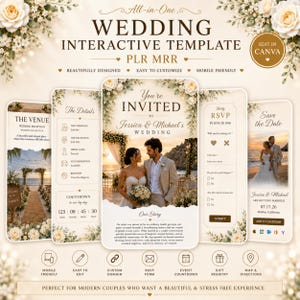 Puede incluir: Un conjunto de plantillas de boda interactivas que incluye invitación digital, formulario RSVP y detalles del evento. El diseño presenta acentos florales, un temporizador de cuenta regresiva y espacios para fotos de pareja, editable en Canva.