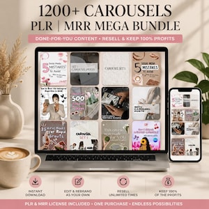 May include: A digital product bundle titled 1200+ CAROUSELS PLR | MRR MEGA BUNDLE displayed on a laptop and smartphone screen. The graphics feature social media templates with text, illustrations, and photos, including phrases like 5 SOCIAL MEDIA MISTAKES TO AVOID.