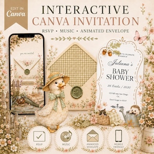 Interaktiv Canva-inbjudan till babyshowern från Cottagecore med OSA, musik och animerat kuvert