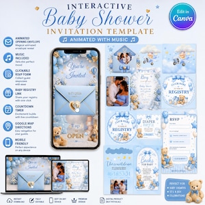 Interaktiv babyshowerinbjudan till pojke | Redigerbar Canva-mall med musik