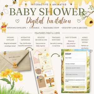 May include: An interactive and animated digital baby shower invitation featuring Winnie the Pooh graphics, honey bee motifs, and yellow sunflowers. The design includes an opening envelope, a registry QR code, and a trackable RSVP form for mobile devices.
