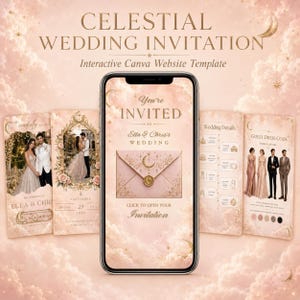 May include: A digital celestial wedding invitation template displayed on a smartphone screen, featuring soft pink clouds, gold moon and star accents, and text reading CELESTIAL WEDDING INVITATION, Interactive Canva Website Template, and You're INVITED.