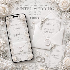 May include: A smartphone displaying an interactive digital save the date wedding invitation alongside physical paper invitations, envelopes with wax seals, and two silver rings, all decorated with white roses and silver snowflake accents.