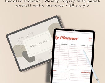 Puede incluir: Una aplicación de agenda digital en la pantalla de una tableta con un diseño semanal. La agenda tiene un esquema de color melocotón y blanco roto con el texto "My Planner" y "Weekly Planner" en una fuente retro. La aplicación también incluye una sección "No olvides".