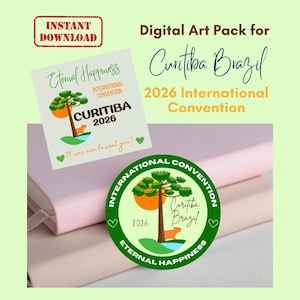 May include: Digital art pack for the 2026 International Convention in Curitiba, Brazil. The design features a tree, a capybara, and the text "Eternal Happiness." Includes a square sticker and a circular badge with the same design.