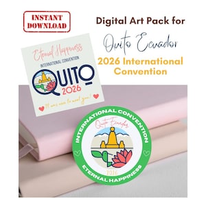 May include: Digital art pack for the 2026 International Convention in Quito, Ecuador. The design features a logo with a stylized illustration of a building, a flower, and the text "QUITO 2026". Includes the text "Eternal Happiness".