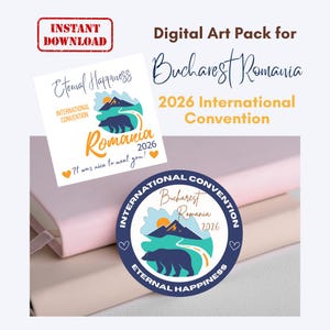 May include: Digital art pack for the 2026 International Convention in Bucharest, Romania. Features a square card and a round sticker with a bear, mountains, and the text "Eternal Happiness". The card says "It was nice to meet you!"