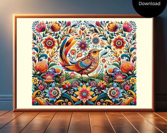 May include: A framed digital download print featuring a colorful bird with a long tail, surrounded by vibrant flowers and foliage. The artwork showcases a rich palette of reds, oranges, blues, and greens, creating a lively and decorative piece.