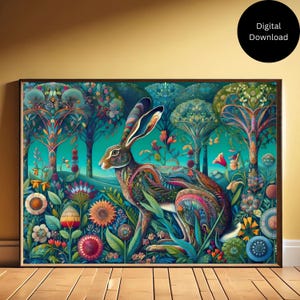 May include: A colorful digital illustration of a rabbit in a forest setting. The rabbit is surrounded by vibrant flowers and trees, with a teal blue background. The rabbit is detailed with intricate patterns and textures.