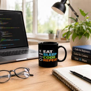 Può includere: Una tazza in ceramica nera con il testo EAT SLEEP CODE REPEAT in bianco, blu, verde e arancione, accompagnata da icone di una forchetta e un coltello, un letto, parentesi di codice e un simbolo di aggiornamento su una scrivania in legno.