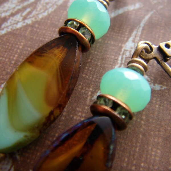 Cocoa and Mint Czech Bead Earrings by Gamut