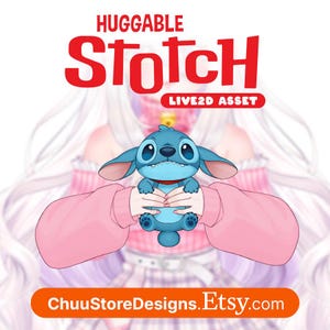 May include: A digital illustration of a blue cartoon character with large eyes and ears, held in a person's arms. The character has a red collar. The words "HUGGABLE Stitch" are in red above the character, and "LIVE2D ASSET" is below. The Etsy shop name is displayed.