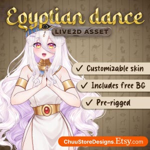May include: A digital illustration of a female character with long white hair wearing a white and gold Egyptian-style costume. The character is in a praying pose with her hands clasped together. The image has the text "Egyptian dance LIVE2D ASSET" at the top and a list of features: "Customizable skin", "Includes free BG", and "Pre-rigged".