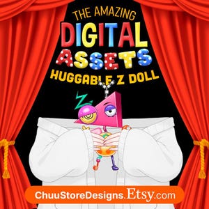Może przedstawiać: Kolorowa grafika promująca zasoby cyfrowe. Tekst brzmi "THE AMAZING DIGITAL ASSETS HUGGABLE Z DOLL". Przedstawiona jest postać z kreskówki z różową trójkątną głową i białym swetrem. Adres URL sklepu Etsy jest wyświetlany na dole.