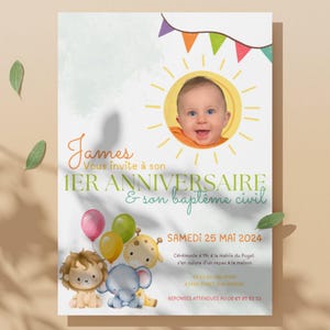 Invitation Anniversaire & Baptême Civil - Template Modifiable Canva - Design Animaux et Soleil