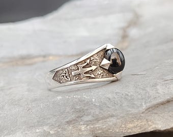Sterling Silver Poseidon Trident Ring with Black Onyx – Norse Mythology Symbol – Men's Viking Ring – Ocean God Jewelry