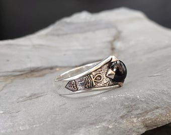 Sterling Silver Ankh & Eye of Horus Ring with Black Onyx – Egyptian Symbol Protection Ring