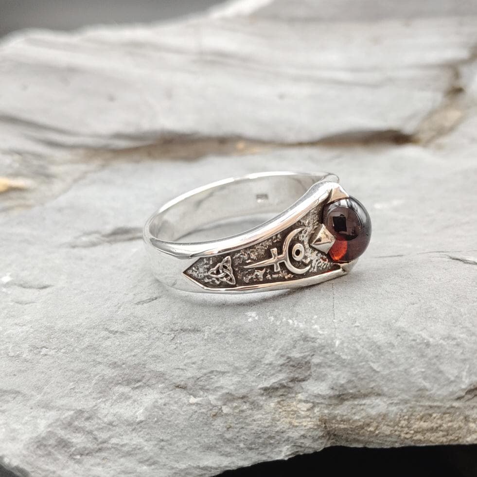 Sterling Silver Hades Ring Garnet-Greek Under wold God symbol-Occult Jewelry- Men,S Gothic Mytholgy Ring