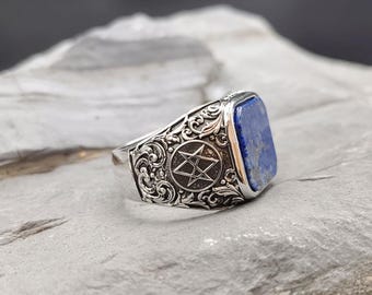 Sterling Silver Lapis Lazuli Ring with Unicursal Hexagram – Occult Mystic Symbol Ring for Men