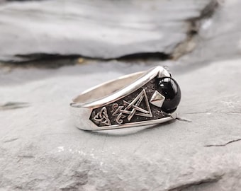 Sterling Silver Lucifer Ring with Black Onyx – Symbol Ring, Viking Ring, Gothic Sigil Jewelry, Men's Witchcraft Ring