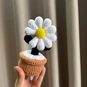 Wzór na szydełkową doniczkę z kwiatkiem w kształcie stokrotki w formacie PDF, uroczy mini stokrotek w doniczce wykonany techniką amigurumi, wiosenna dekoracja domu z kwiatami, ozdoba biurka lub ręcznie robiony prezent