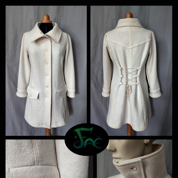 Manteau femme artisanal en laine blanc crème, ajustable tailles 36-44 - fait main, modèle unique -