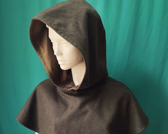 Handcrafted chaperone in dark khaki wool cloth with lined round hood and decorative embroidery stitch (unisex)