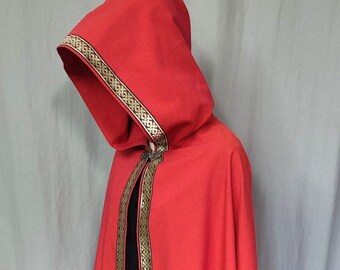 Cape longue légère artisanale en coton rouge orangé, avec galon décoratif et capuche ronde doublée (unisexe)