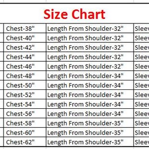 May include: A size chart with measurements in inches for chest, length from shoulder, and sleeve. Sizes range from XS to 9XL, with chest measurements from 38" to 62", lengths from 32" to 35", and sleeves from 23" to 25".