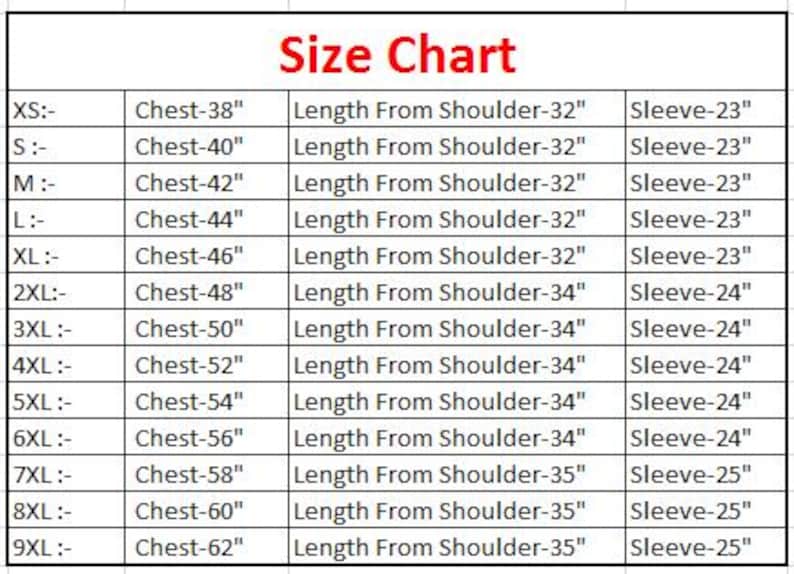 May include: A size chart with measurements in inches for chest, length from shoulder, and sleeve. Sizes range from XS to 9XL, with chest measurements from 38" to 62", lengths from 32" to 35", and sleeves from 23" to 25".