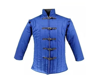 Blue Gambeson: Short Sleeve Padded Quilted Armor, LARP Aketon