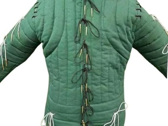 Padded Green Gambeson: Removable Sleeves, Quilted Aketon Armor