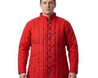 Red colour mid thigh Medieval Padded Gambeson Red Jacket with Leather Ties LARP