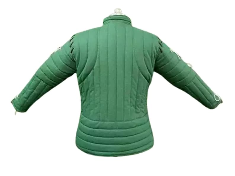 May include: Green padded jacket with long sleeves, likely for historical reenactment or costume use. The jacket has a quilted design with vertical and horizontal stitching, and decorative stitching on the sleeves. The collar is a stand-up style.
