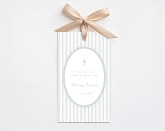 Boys Baptism Thank You Gift Tag | Classic Christening Favour Tag | Scalloped | Green and White Stripe | Bonbonniere | Printable Template