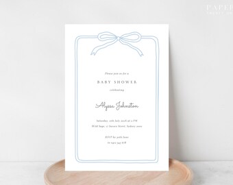 Baby Shower Invitation | Blue and White | Boy Baby Sprinkle Invite | Baby Brunch | Blue Boho Toile Ribbon Bow Border | Digital Template
