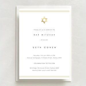 Minimalist Bar Mitzvah Invitation | Classic Traditional Simple Gold Bar Mitzvah Invite | Hebrew | Gold Star of David | Digital Template
