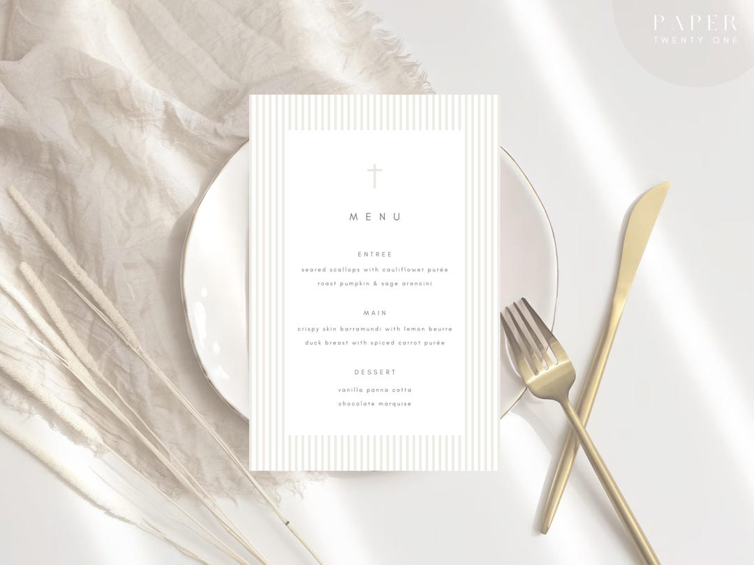 Baptism Menu | Classic Event Menu | Minimalist Beige and White Stripe ...