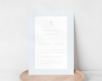 May include: Baptism invitation with a light blue striped border and a central white panel. The invitation includes a cross symbol and text announcing the baptism of George Henry, with date, time, and location details.