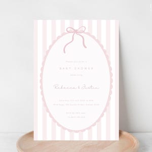 Invito per baby shower per bambina / Fiocco rosa / Strisce rosa e bianche / Baby Sprinkle / Brunch per bambina / Bordo smerlato / Modello digitale