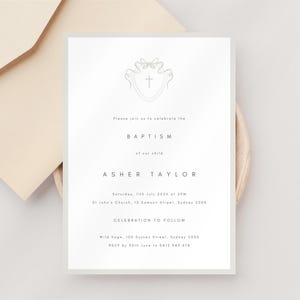 Baptism Invitation | Classic Boy Girl Beige Cross Christening Invite | Minimalist Ribbon Bow Crest Baptism Invite | Printable Template