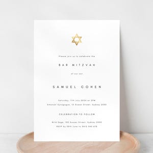Minimalist Bar Mitzvah Invitation | Classic Simple Bar Mitzvah Invite | Traditional Bar Mitzvah | Gold Star of David | Editable Template