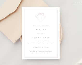 Convite de Batizado para Menina | Convite Clássico Rosa com Brasão | Bênção do Bebê Simples e Minimalista | Rosa e Branco | Modelo Digital