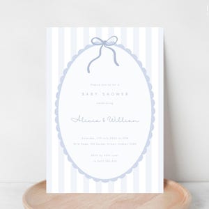 Invito per baby shower bambino / Fiocco in tela / Righe blu e bianche / Bordo smerlato / Invito con granelli di zucchero / Baby brunch / Modello digitale