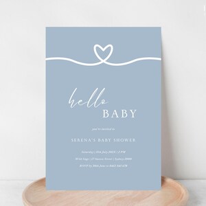 Invito per baby shower / Invito classico blu per brunch per neonati / Invito moderno, minimalista e semplice per baby shower / Cuore blu / Modello digitale