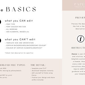 Pu&ograve; includere: Un modello di design digitale con testo nero su sfondo crema. Il testo include "the BASICS", "what you CAN edit" e "what you CAN'T edit". Sono elencate anche le istruzioni e i tipi di file. Le dimensioni del modello sono 12,7 cm x 17,78 cm.