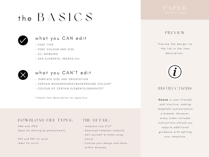 Pu&ograve; includere: Un modello di design digitale con testo nero su sfondo crema. Il testo include "the BASICS", "what you CAN edit" e "what you CAN'T edit". Sono elencate anche le istruzioni e i tipi di file. Le dimensioni del modello sono 12,7 cm x 17,78 cm.