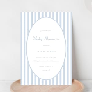 Invito per baby shower per maschietto / Invito classico a righe blu per baby shower / Brunch minimalista per baby shower / Calligrafia boho / Modello digitale