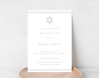 Invitación para Bar Mitzvah / Invitación clásica sencilla en azul marino / Papelería minimalista tradicional / Estrella de David hebrea / Plantilla digital